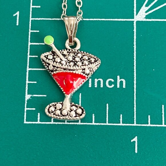Martini Cocktail Drink Cup Glass Charm Necklace Pendant Red Enamel 18" Chain - Picture 8 of 9